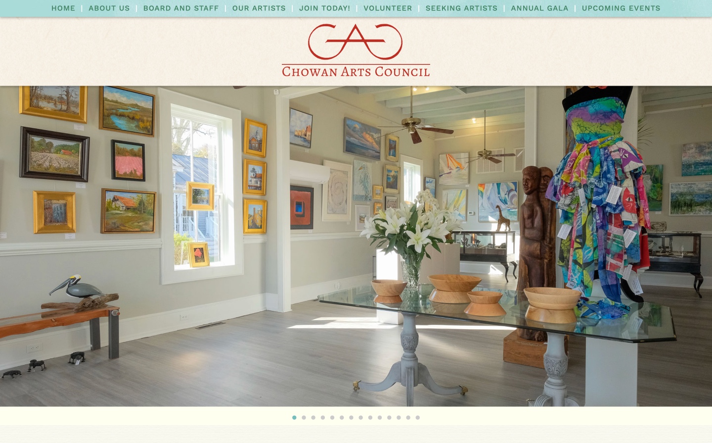 Chowan Arts Council website — bright gallery interior with the council's elegant logo