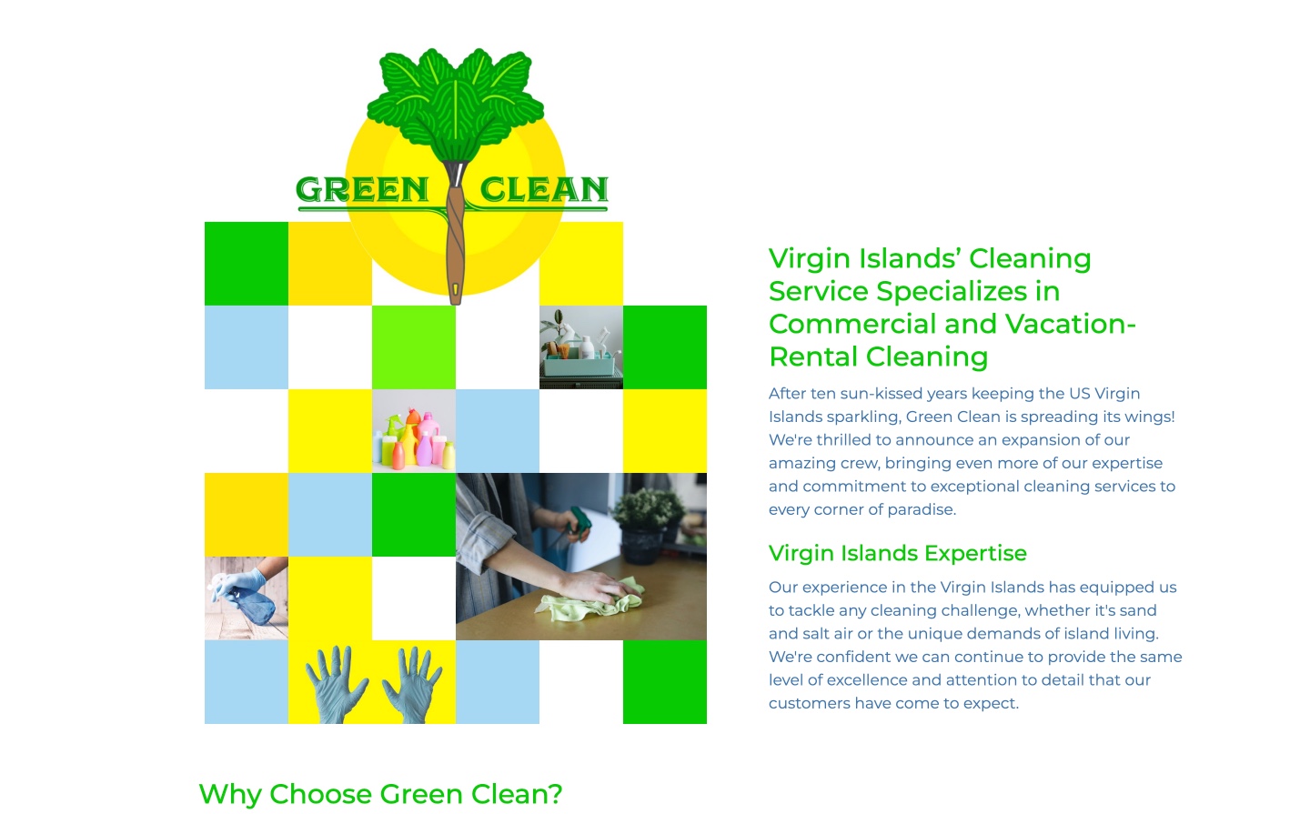 Green Clean website — Virgin Islands cleaning service with bold green and yellow branding