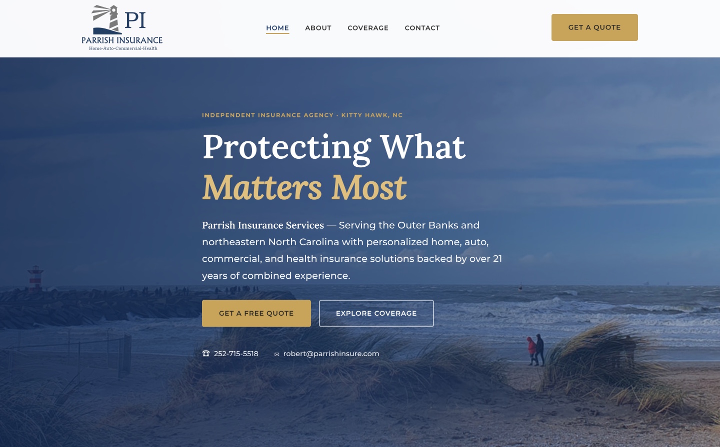 Parrish Insurance website — coastal hero photograph with navy and gold branding