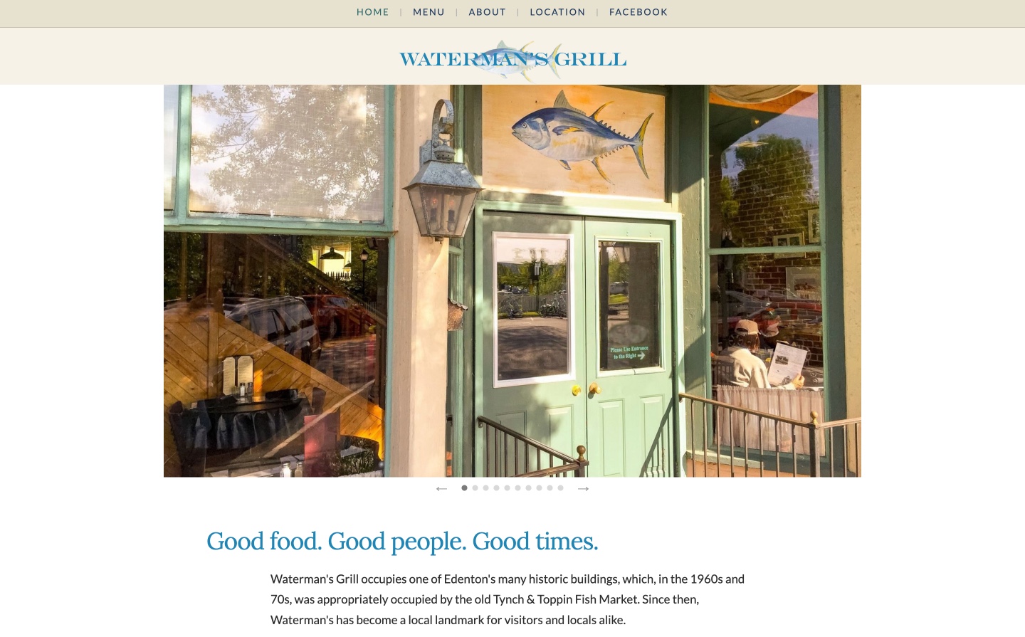 Waterman's Grill website — Edenton restaurant site with coastal photography and clean layout