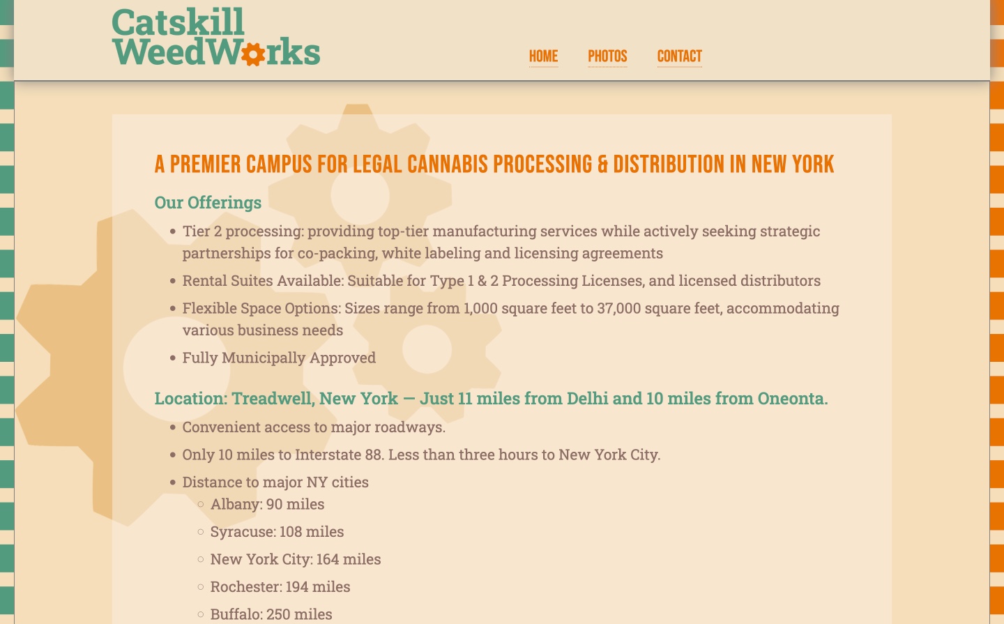 Catskill WeedWorks website — cannabis processing campus with warm earthy design